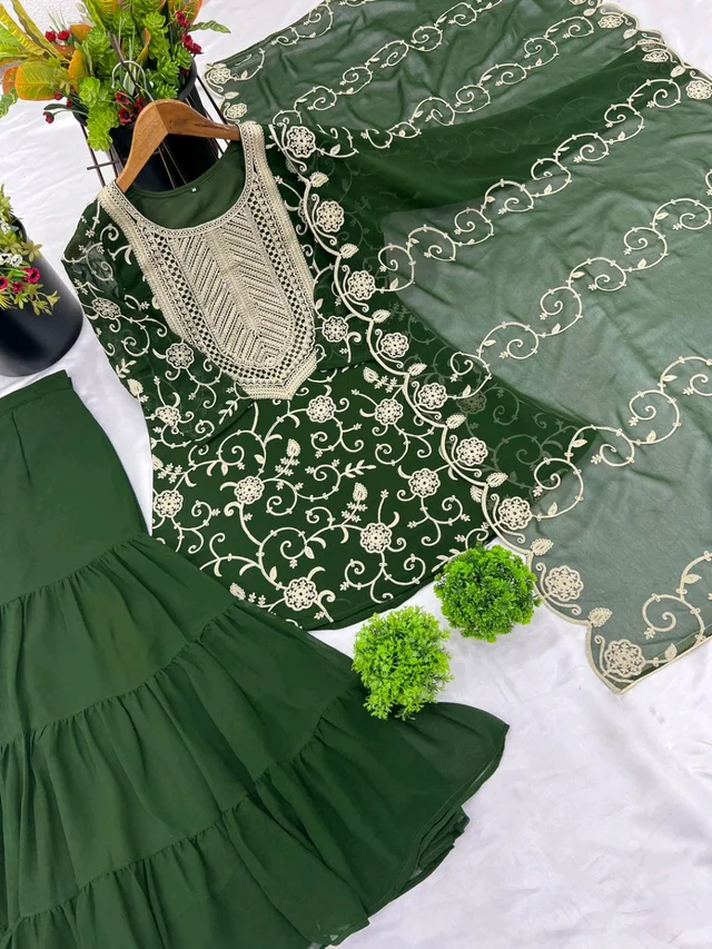Heavy Georgette Embroidered Top & Sharara Plazo Set – Ready to Wear, Fully Stitched - Rifie Green, XL