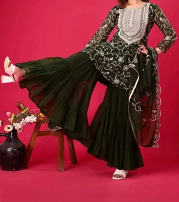 Heavy Georgette Embroidered Top & Sharara Plazo Set – Ready to Wear, Fully Stitched - Rifie Green, XXL