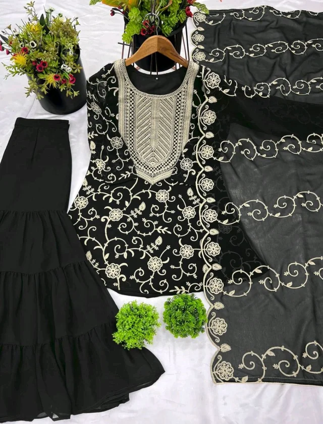 Heavy Georgette Embroidered Top & Sharara Plazo Set – Ready to Wear, Fully Stitched - Black, L