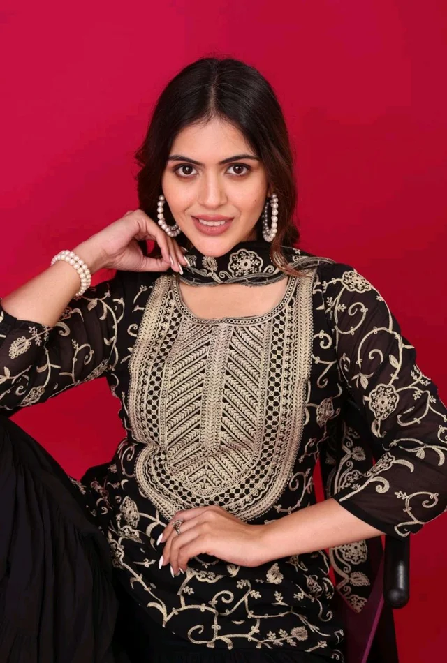 Heavy Georgette Embroidered Top & Sharara Plazo Set – Ready to Wear, Fully Stitched - Black, M
