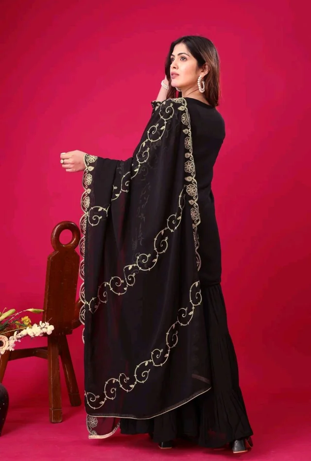 Heavy Georgette Embroidered Top & Sharara Plazo Set – Ready to Wear, Fully Stitched - Black, M