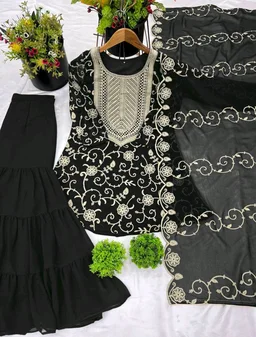 Heavy Georgette Embroidered Top & Sharara Plazo Set – Ready to Wear, Fully Stitched - Black, M