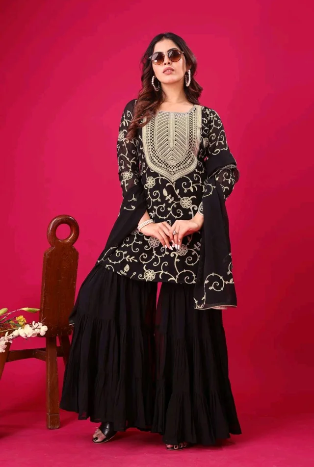 Heavy Georgette Embroidered Top & Sharara Plazo Set – Ready to Wear, Fully Stitched - Black, S