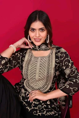 Heavy Georgette Embroidered Top & Sharara Plazo Set – Ready to Wear, Fully Stitched - Black, S