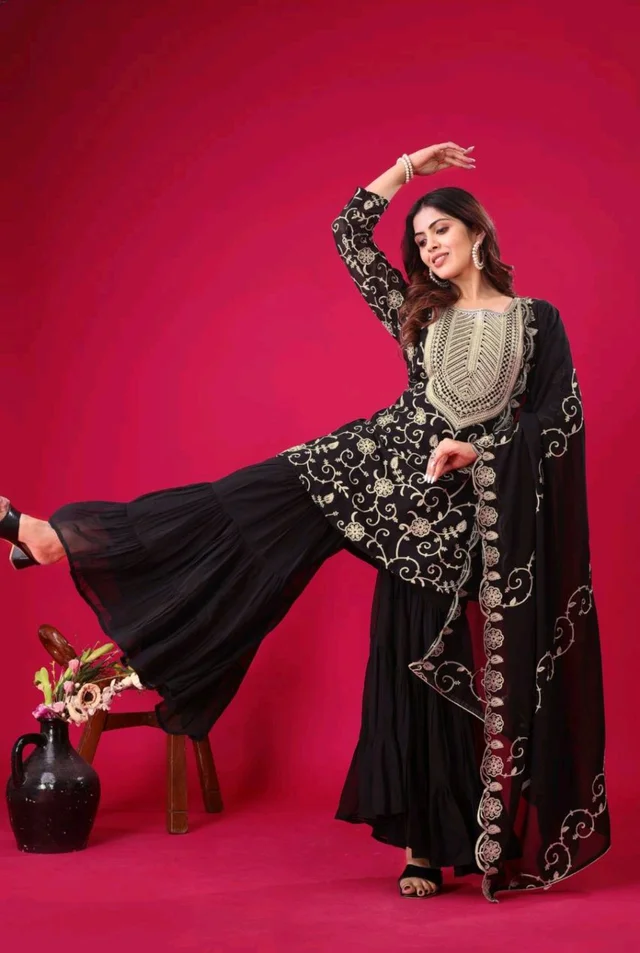 Heavy Georgette Embroidered Top & Sharara Plazo Set – Ready to Wear, Fully Stitched - Black, XXL