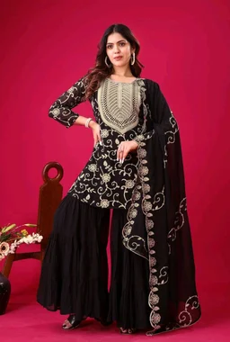 Heavy Georgette Embroidered Top & Sharara Plazo Set – Ready to Wear, Fully Stitched - Black, XXL