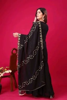 Heavy Georgette Embroidered Top & Sharara Plazo Set – Ready to Wear, Fully Stitched - Black, XXL