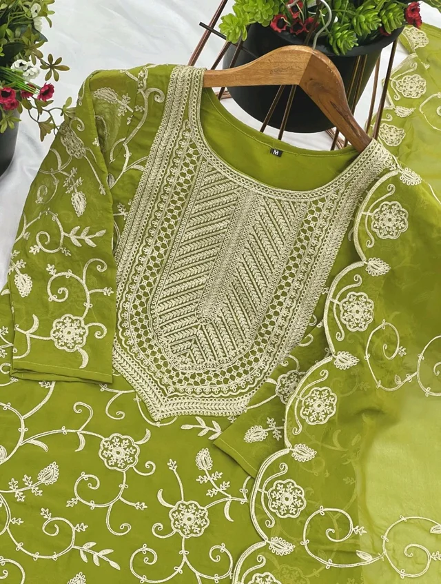 Heavy Georgette Embroidered Top & Sharara Plazo Set – Ready to Wear, Fully Stitched - Pea Green, M
