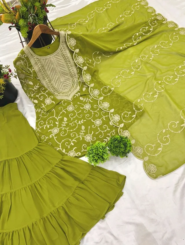 Heavy Georgette Embroidered Top & Sharara Plazo Set – Ready to Wear, Fully Stitched - Pea Green, S