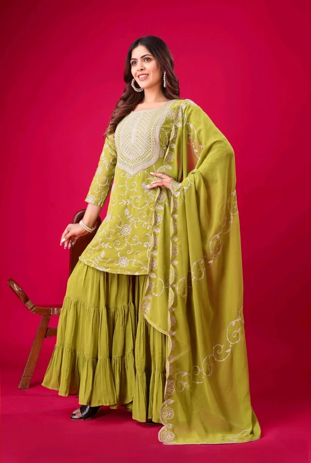 Heavy Georgette Embroidered Top & Sharara Plazo Set – Ready to Wear, Fully Stitched - Pea Green, XL