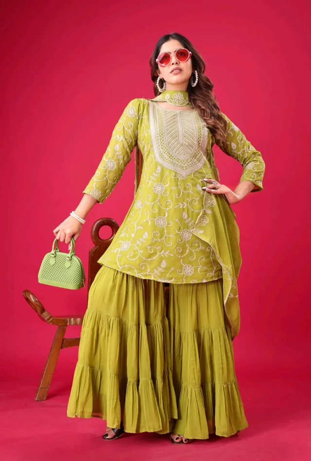 Heavy Georgette Embroidered Top & Sharara Plazo Set – Ready to Wear, Fully Stitched - Pea Green, XXL