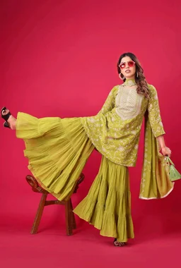 Heavy Georgette Embroidered Top & Sharara Plazo Set – Ready to Wear, Fully Stitched - Pea Green, XXL