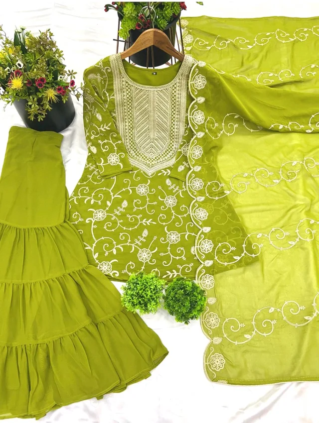 Heavy Georgette Embroidered Top & Sharara Plazo Set – Ready to Wear, Fully Stitched - Pea Green, XXL