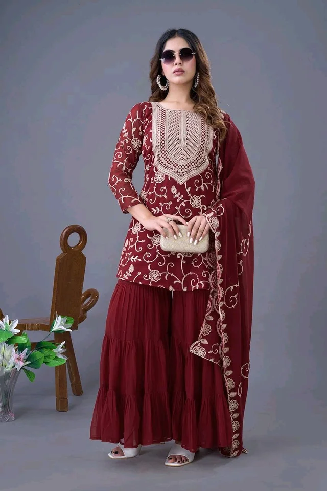 Heavy Georgette Embroidered Top & Sharara Plazo Set – Ready to Wear, Fully Stitched - Maroon, L