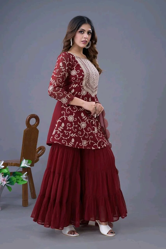 Heavy Georgette Embroidered Top & Sharara Plazo Set – Ready to Wear, Fully Stitched - Maroon, M