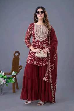 Heavy Georgette Embroidered Top & Sharara Plazo Set – Ready to Wear, Fully Stitched - Maroon, S