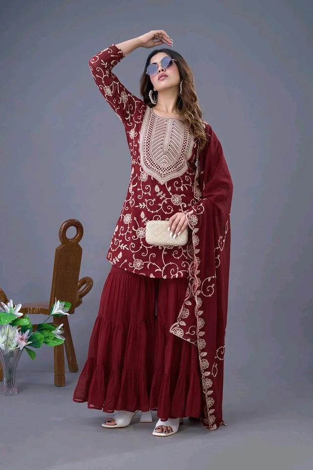 Heavy Georgette Embroidered Top & Sharara Plazo Set – Ready to Wear, Fully Stitched - Maroon, XL