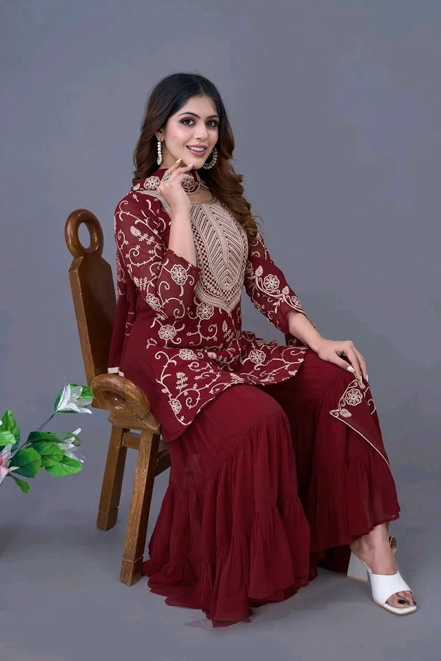 Heavy Georgette Embroidered Top & Sharara Plazo Set – Ready to Wear, Fully Stitched - Maroon, XL