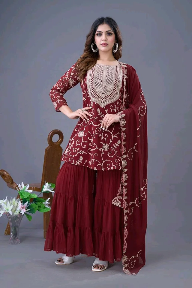 Heavy Georgette Embroidered Top & Sharara Plazo Set – Ready to Wear, Fully Stitched - Maroon, XXL