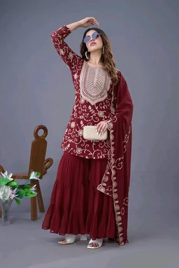 Heavy Georgette Embroidered Top & Sharara Plazo Set – Ready to Wear, Fully Stitched - Maroon, XXL
