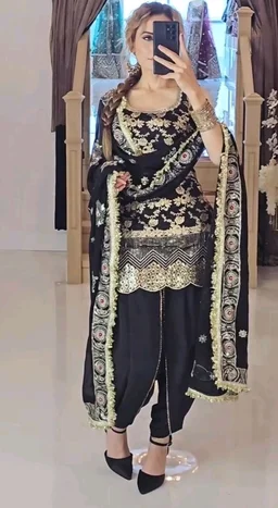 Black Punjabi Patiyala Dress in Crepe With Dhoti and Sequence Work
- Black, XL
