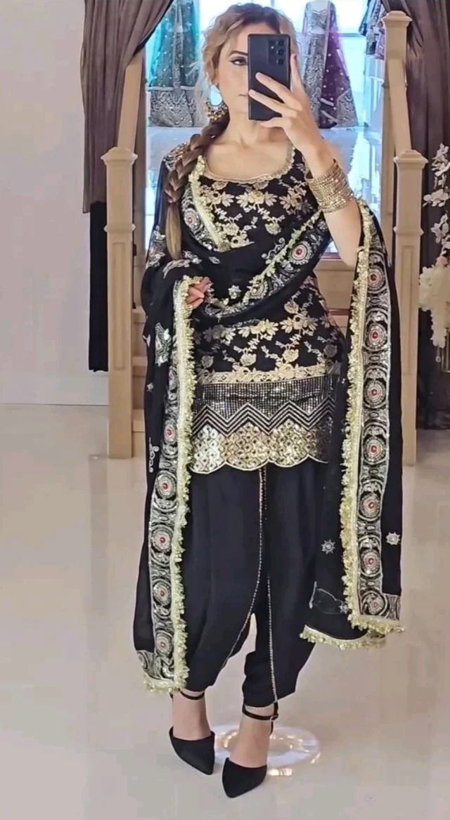 Black Punjabi Patiyala Dress in Crepe With Dhoti and Sequence Work
- Black, XL