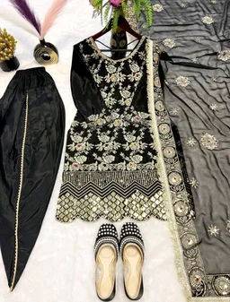 Black Punjabi Patiyala Dress in Crepe With Dhoti and Sequence Work
- Black, XL