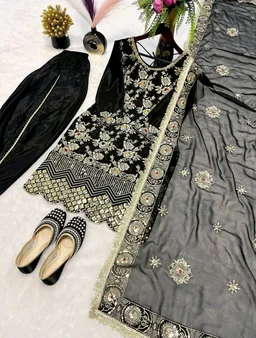 Black Punjabi Patiyala Dress in Crepe With Dhoti and Sequence Work
- Black, XL