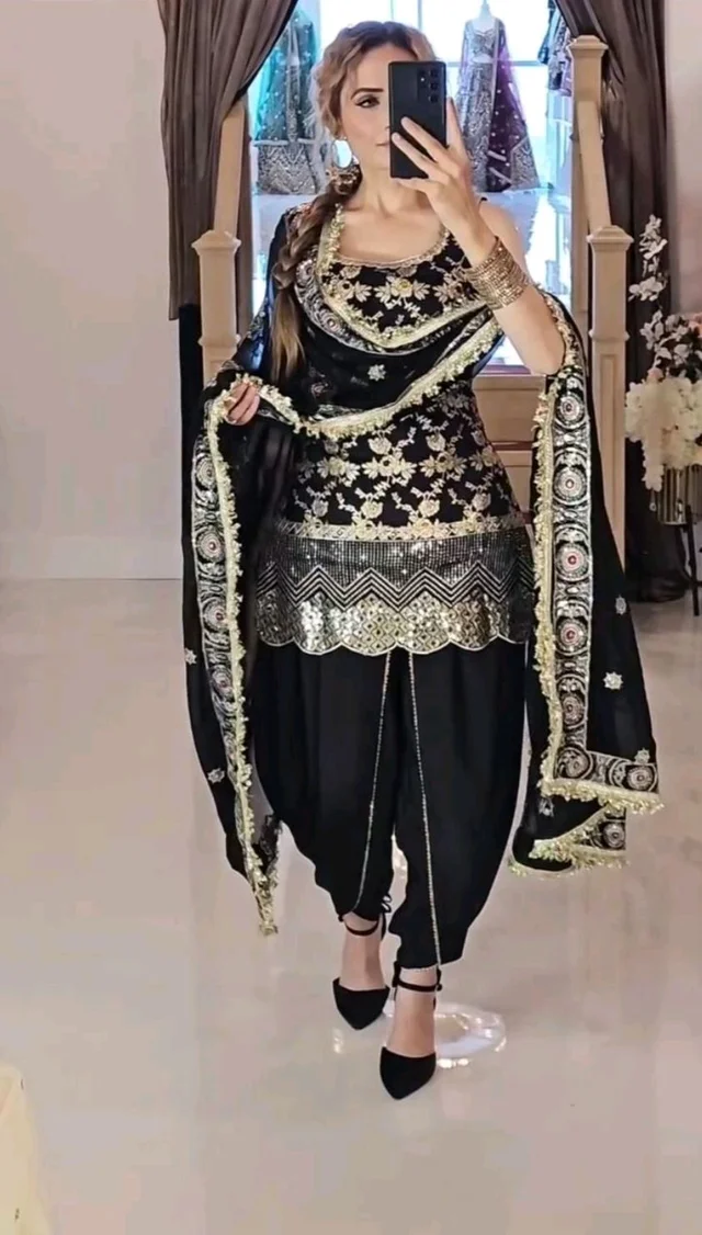 Black Punjabi Patiyala Dress in Crepe With Dhoti and Sequence Work
- Black, XXL