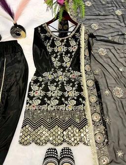 Black Punjabi Patiyala Dress in Crepe With Dhoti and Sequence Work
- Black, XXL