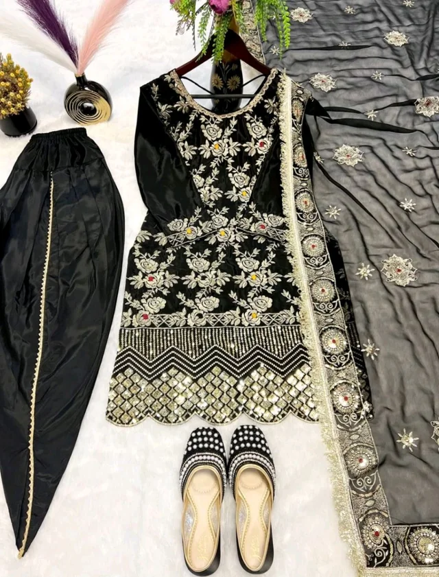 Black Punjabi Patiyala Dress in Crepe With Dhoti and Sequence Work
- Black, XXL