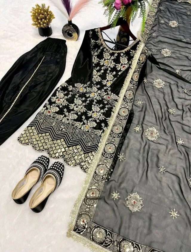 Black Punjabi Patiyala Dress in Crepe With Dhoti and Sequence Work
- Black, XXL