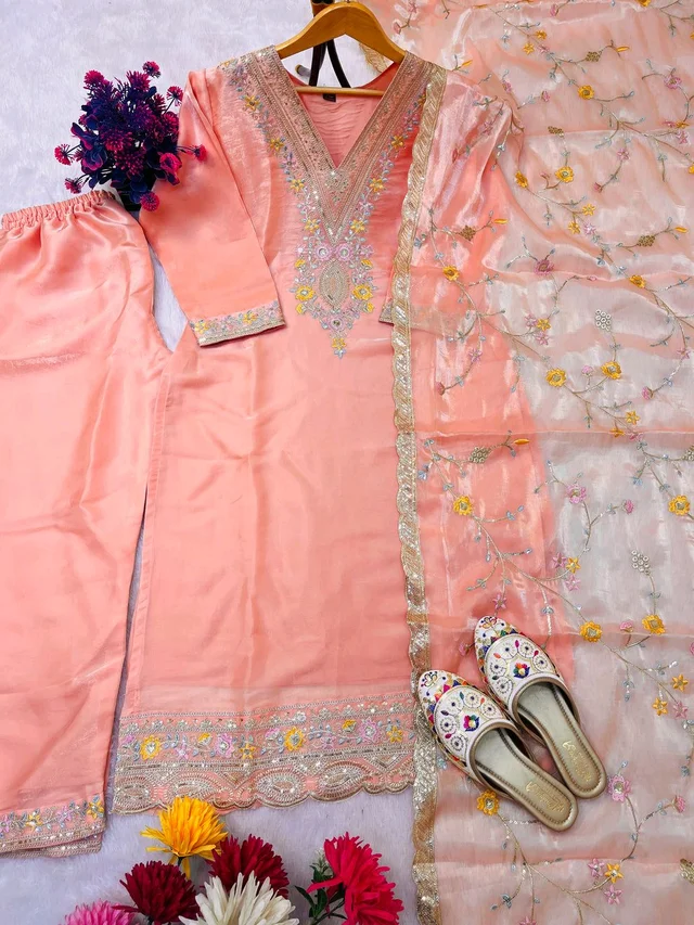 Heavy Sequence Embroidered Work Premium Jimmy Choo Silk Kurta Suit Set - Mona Lisa, L