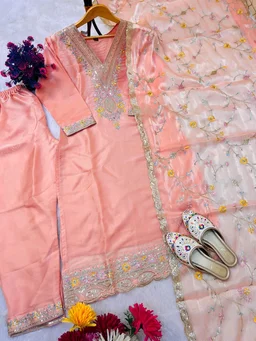 Heavy Sequence Embroidered Work Premium Jimmy Choo Silk Kurta Suit Set - Mona Lisa, XL