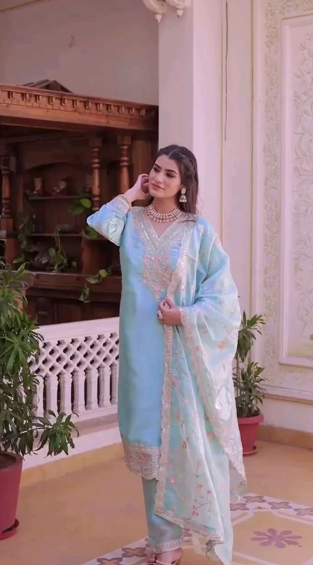 Heavy Sequence Embroidered Work Premium Jimmy Choo Silk Kurta Suit Set - Polo Blue, L