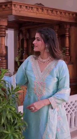 Heavy Sequence Embroidered Work Premium Jimmy Choo Silk Kurta Suit Set - Polo Blue, L