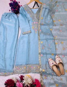 Heavy Sequence Embroidered Work Premium Jimmy Choo Silk Kurta Suit Set - Polo Blue, L