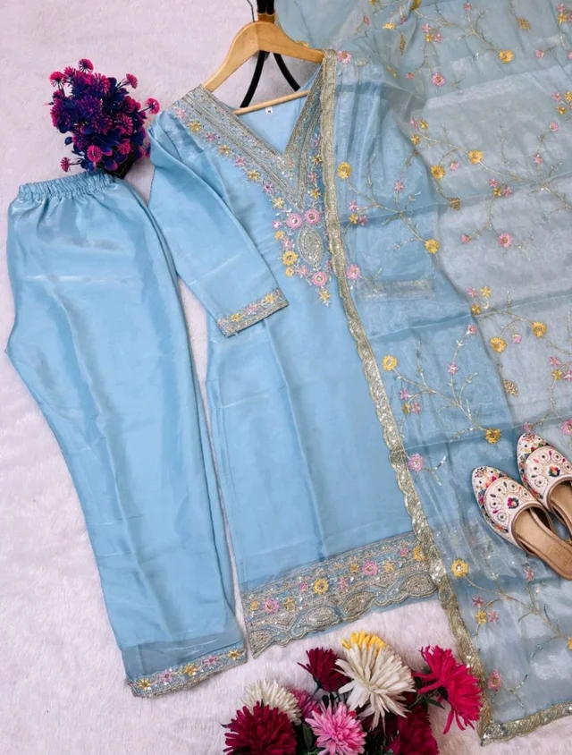Heavy Sequence Embroidered Work Premium Jimmy Choo Silk Kurta Suit Set - Polo Blue, XL