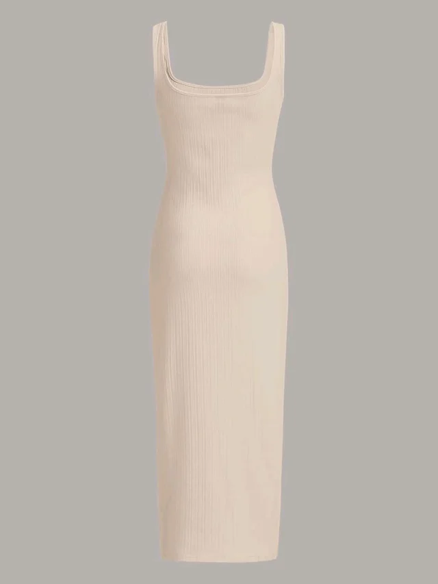 Women's Casual Sleeveless Square Neck High Waist Rib Knit Tank Long Dress - Apricot, XS