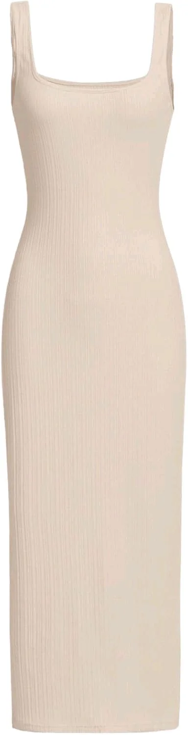 Women's Casual Sleeveless Square Neck High Waist Rib Knit Tank Long Dress - Apricot, XL