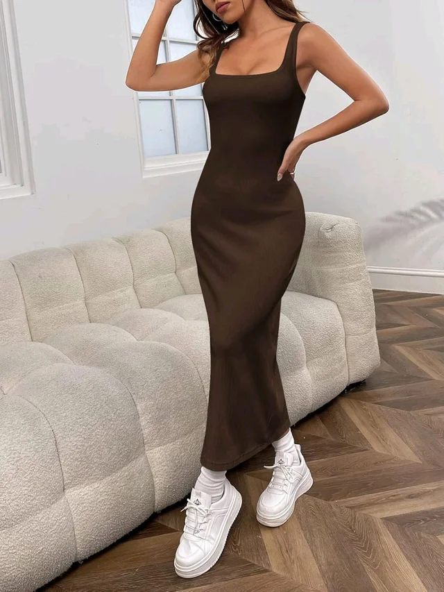 Women's Casual Sleeveless Square Neck High Waist Rib Knit Tank Long Dress - Coffee Brown, L