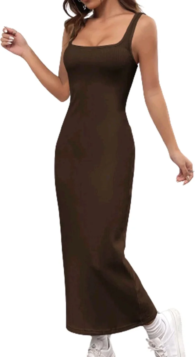 Women's Casual Sleeveless Square Neck High Waist Rib Knit Tank Long Dress - Coffee Brown, XL
