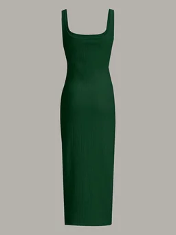 Women's Casual Sleeveless Square Neck High Waist Rib Knit Tank Long Dress - Dark Green, L