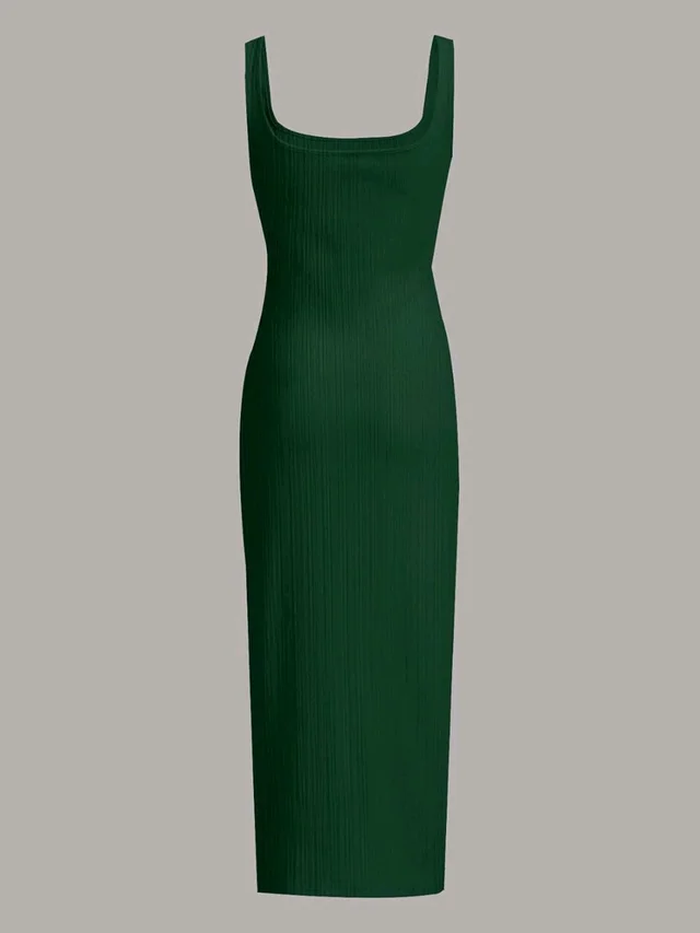 Women's Casual Sleeveless Square Neck High Waist Rib Knit Tank Long Dress - Dark Green, M