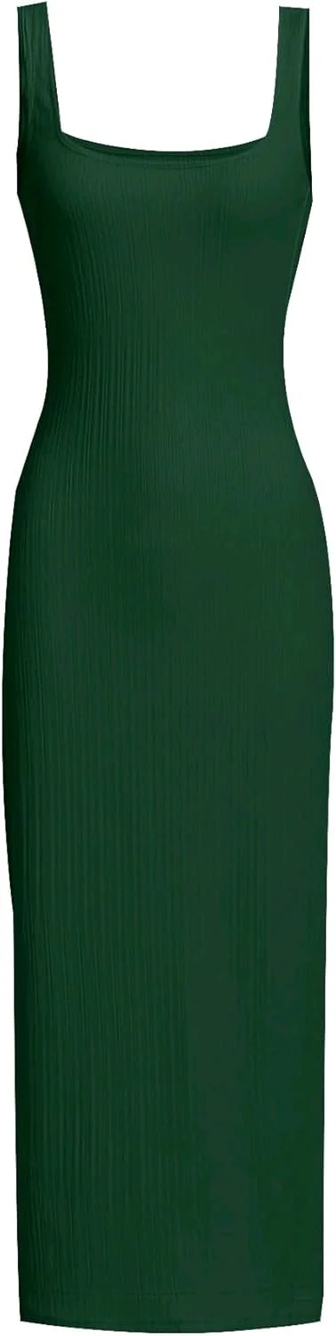 Women's Casual Sleeveless Square Neck High Waist Rib Knit Tank Long Dress - Dark Green, XXL