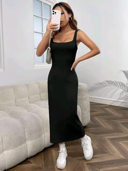 Women's Casual Sleeveless Square Neck High Waist Rib Knit Tank Long Dress - Black, S