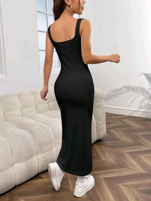 Women's Casual Sleeveless Square Neck High Waist Rib Knit Tank Long Dress - Black, XS