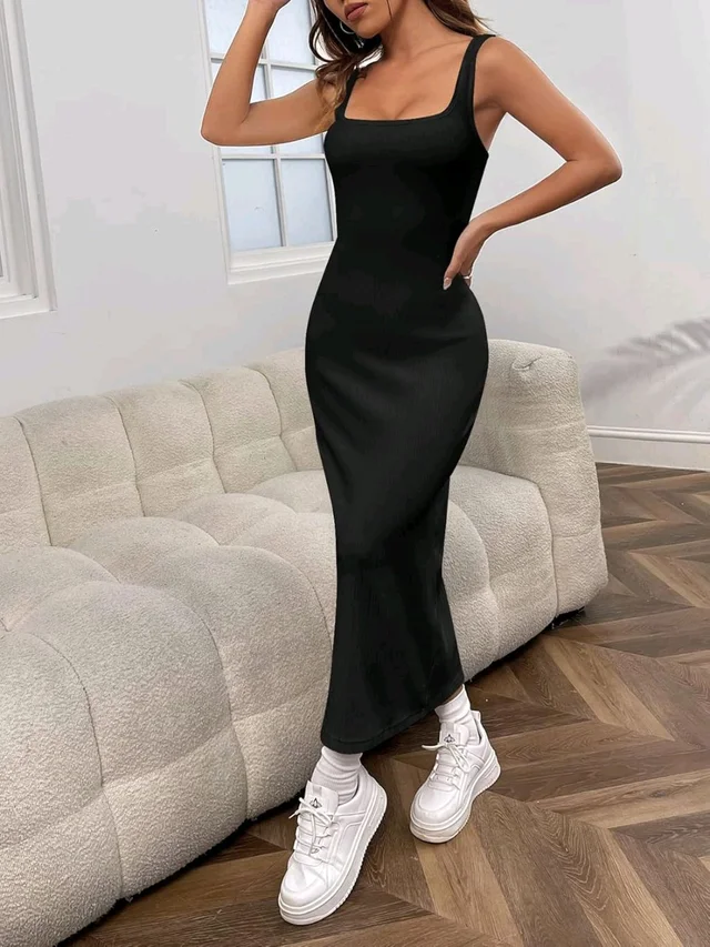 Women's Casual Sleeveless Square Neck High Waist Rib Knit Tank Long Dress - Black, XL