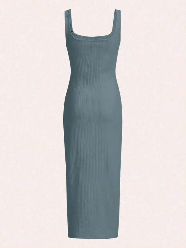 Women's Casual Sleeveless Square Neck High Waist Rib Knit Tank Long Dress - Dusty Blue, L