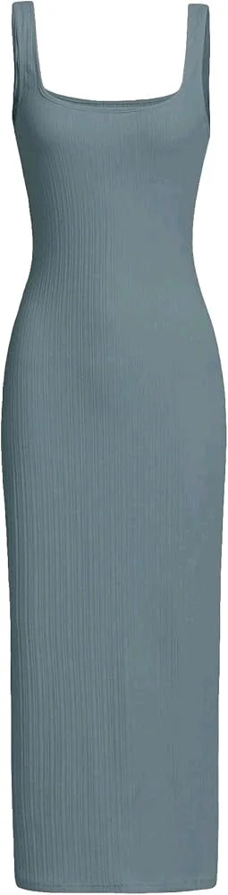 Women's Casual Sleeveless Square Neck High Waist Rib Knit Tank Long Dress - Dusty Blue, L